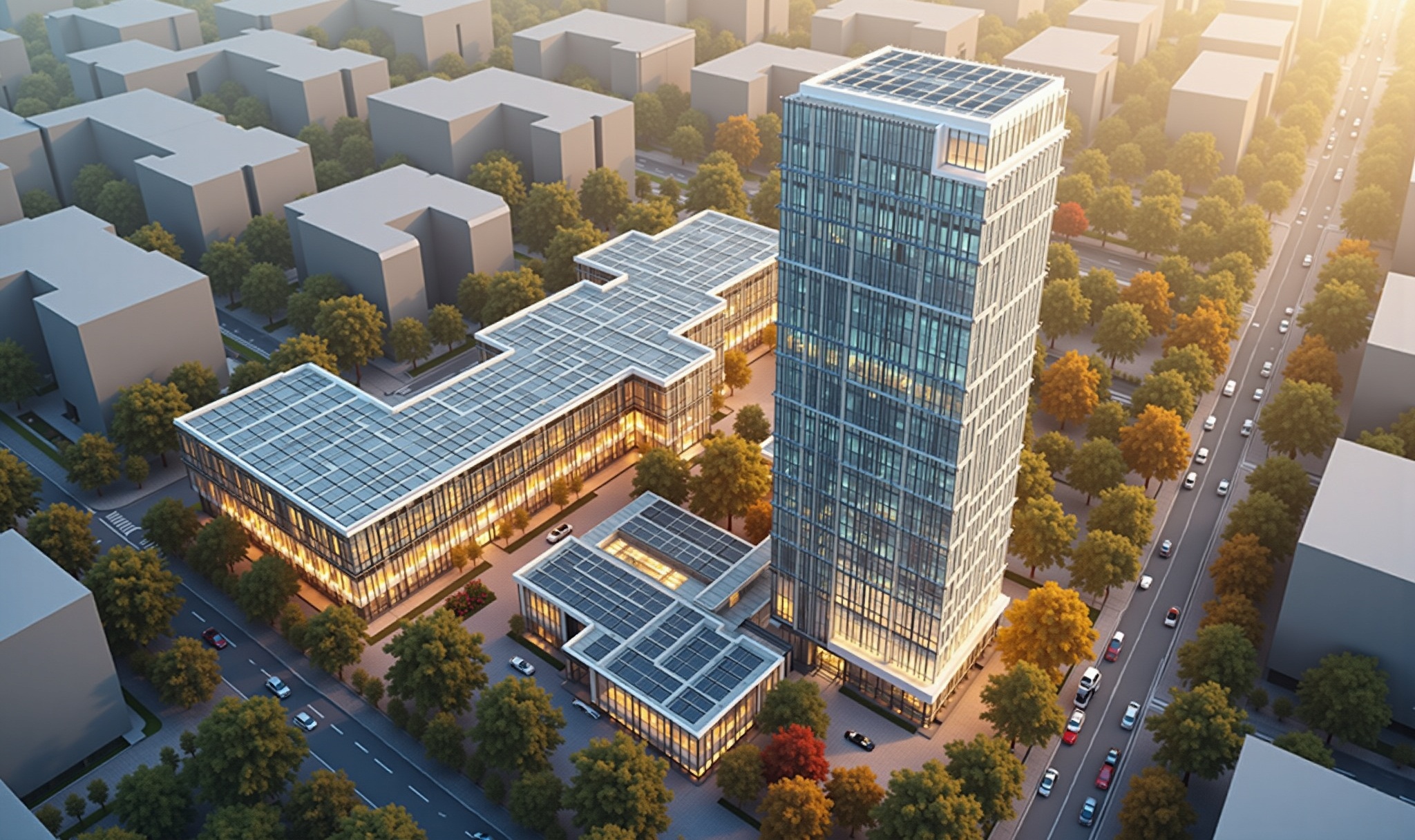AI generated image by FLUX.1-image-to-image: Aerial view of modern office building complex in autumn, central glass curtain wall skyscraper, warm sunset glow, interior lights on, rooftop solar panels, colorful autumn trees, urban road with cars, plaza landscape, photorealistic architectural rendering, 8K, cinematic lighting, warm tone