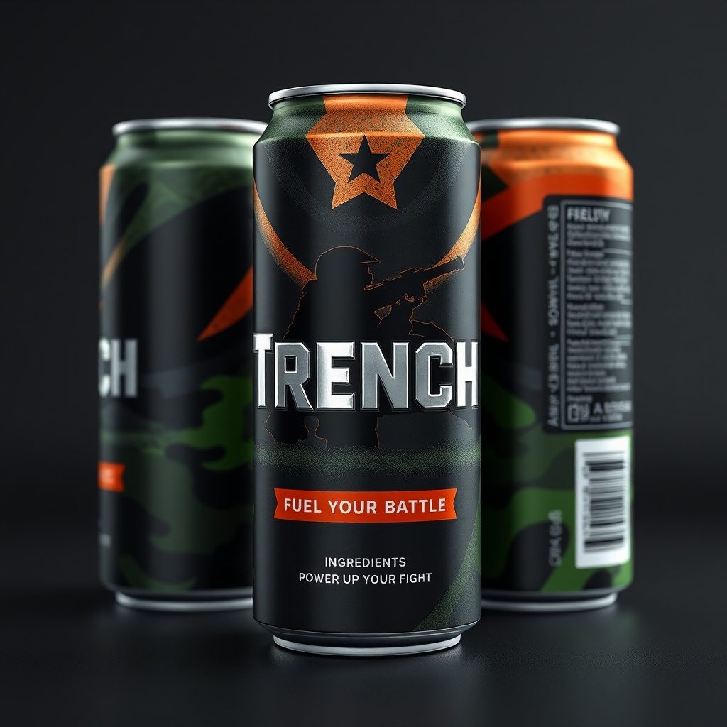 AI generated image by FLUX.1-schnell: A raw,  hyper-realistic photo,UHD, 8k:: A sleek energy drink can designed with a powerful and determined theme. The can features a dominant color palette of dark shades such as black and dark gray, symbolizing strength and seriousness. Accentuated with bright colors like orange and camouflage green, adding a dynamic touch. The name 'Trench' is boldly displayed in the center with a heavy, metallic, embossed font, evoking a sense of power and resilience. The can also incorporates graphical elements such as a metallic texture for a robust, industrial feel, and camouflage patterns hinting at military themes and endurance. Additionally, textures mimicking earth or stones are subtly integrated to accentuate the 'trench' concept. The silhouette of a daunting image, like a charging soldier or a tank, forms the central part of the logo, reinforcing themes of determination and conflict. The back of the can includes ingredient details and a slogan such as 'Fuel Your Battle' or 'Power Up Your Fight.' The can's shape is ergonomic with ribbed sections for better grip, making it easy to hold in one hand. The overall visual should convey a powerful energy drink ready to fuel any battle