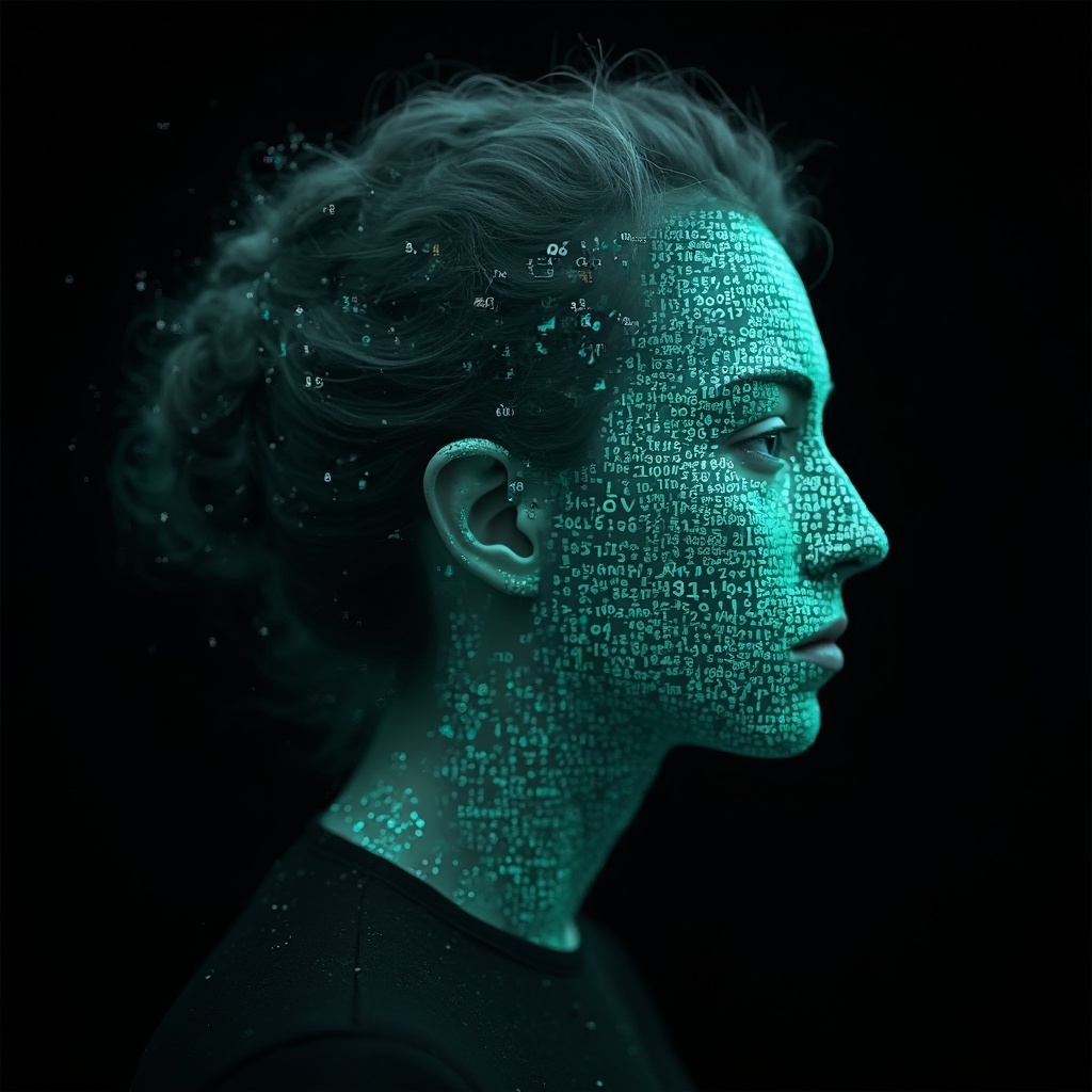 AI generated image by FLUX-Realism-Lora: Emmy Noether's face as a digital mask made from thousands of bright turquoise numbers and formulas forming her face. (she has a round, puffy face is 45 years old and has long hair which is made into a plait) The formulas and numbers fly behind the mask leaving a trail of complexity. The mask is floating dynamically in mid air. Her head is turned to the right but her eyes are looking directly into the camera. The mask is on a black background. Like a png with black only background. Photo realistic, sci-fy