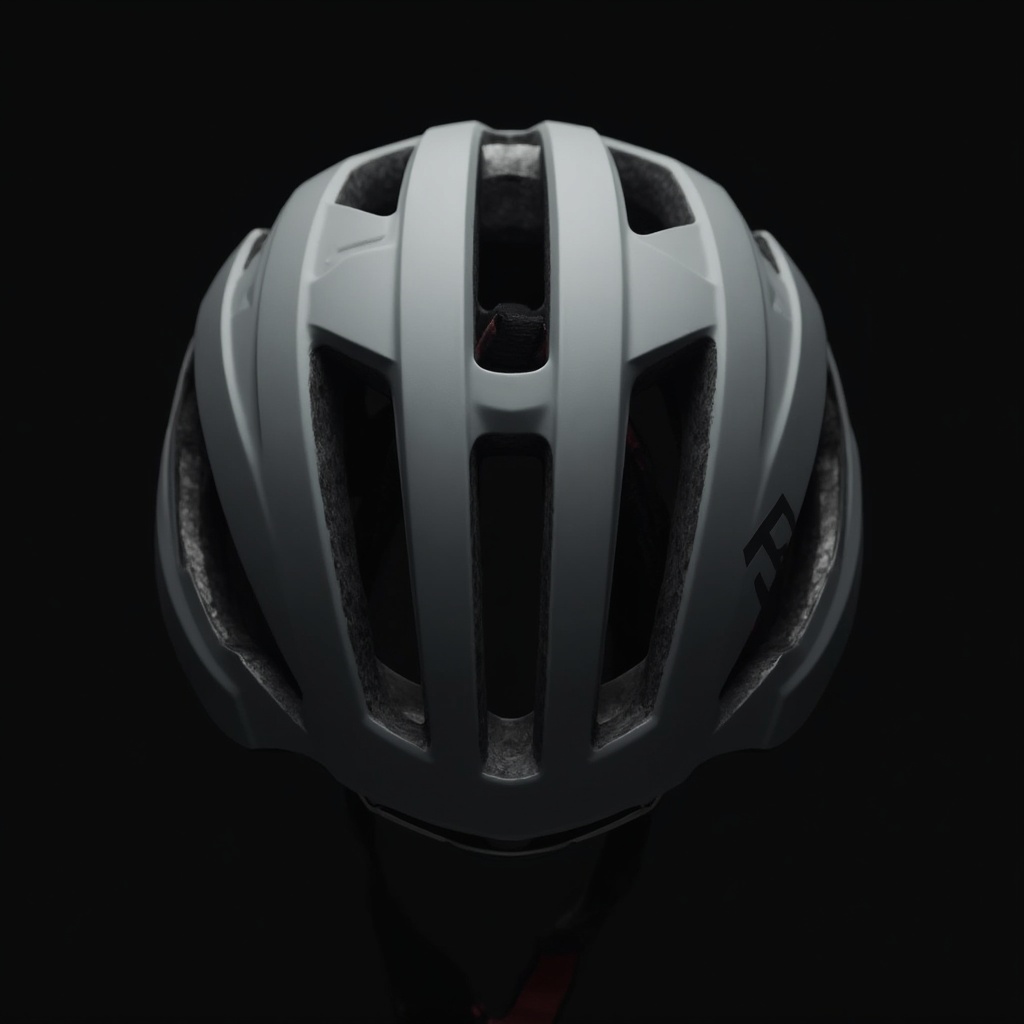 AI generated image by FLUX-Realism-Lora: An airy mountain bike helmet (Focus on Ventilation): Matte grey mountain bicycle helmet with triangle, rectangular...creative ventilation openings, no bevel, front view.  * (Focus on Finish): Matte grey mountain bicycle helmet, soft-touch finish, creative luxury sleek design, strong edges  * (Focus on Style): Urban cycling helmet, minimalist design, matte grey, front view, dark background.  * ventilation openings and creative harmony degsign.  * "Sleek strong design, organic edges" "aerodynamic shape," "modern and minimalist": Captures the overall aesthetic.  * "Front view," "studio lighting  * "Hyperrealistic rendering," "photorealistic image": ultra luxury, preminum, high-quality, realistic output.  * "No chin bar/open-face