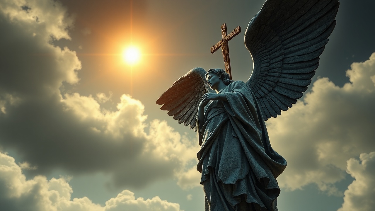 AI generated image by FLUX.1-schnell: a picture of a statue of an angel with a star in the sky, matte painting, angel of death, thumbnail, shadow of the cross, matte painting, atheism god, dark souls style, ad image, adeptus astartes, image