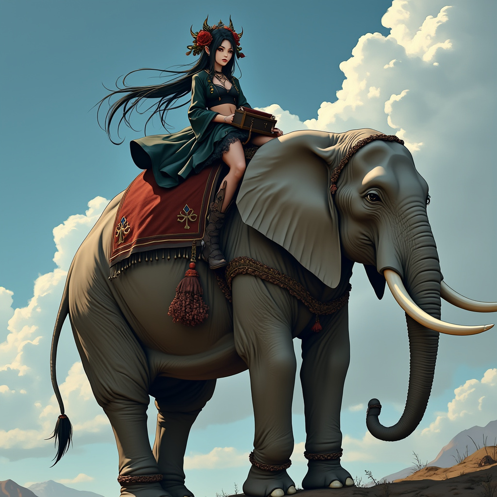 AI generated image by FLUX.1-pro: Goth anime girl on an elephant