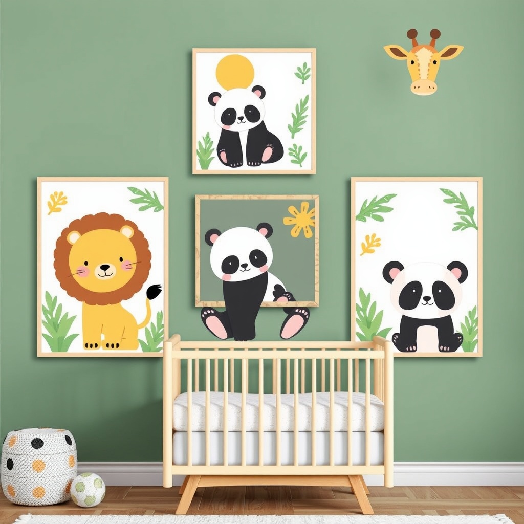 AI generated image by FLUX.1-schnell: Cute Jungle Animal Nursery Wall Art Prints Safari Nursery Decor Boho, Animal, Lion, Giraffe,Panda, Bear Nursery Child Kids,


