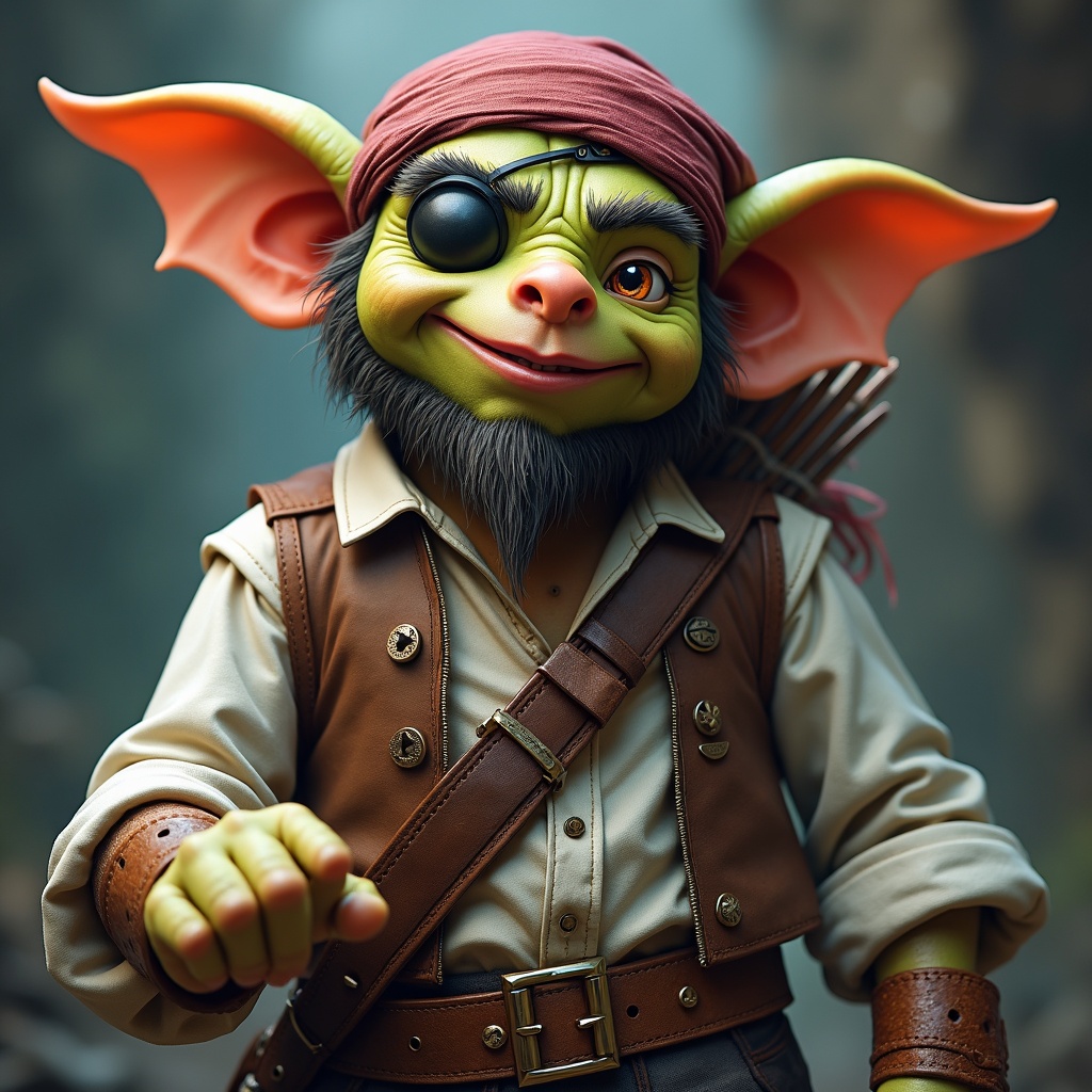 AI generated image by FLUX.1-image-to-image: a fantastic character who looks like a goblin, with detailed hands and fingers, cute and funny in a pirate costume with a white shirt, brown vest and a large belt with a buckle, holding a sword and with a quiver of arrows on his back, with an eye patch like a pirate, with a narrow two-tone beard in the shape of a wedge and thick eyebrows. High detail