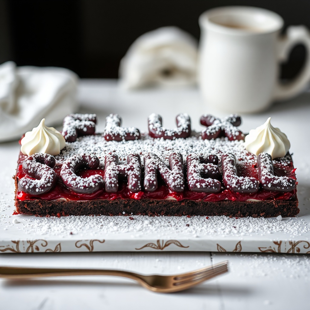 AI generated image by FLUX.1-schnell: black forest gateau cake spelling out the words "FLUX SCHNELL", tasty, food photography, dynamic shot