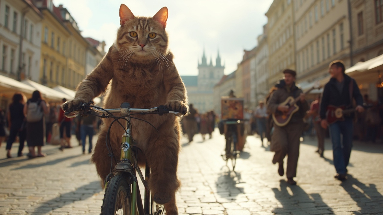 AI generated image by FLUX-Realism-Lora: A close-up photograph of a cat pedaling energetically on a bicycle, old town Square in Prague. Nobody sits on a camel! Tourists surrounding, some taking photos, others walking. Musicians playing on the side, a painter capturing the scene on a canvas. Morning light, soft shadows, rich textures of the cobblestones, Vltava river visible in the background, subtle lens flare. Photorealistic, Canon EOS R5, 85mm lens, f/1.4, vibrant colors, natural focus, cinematic atmosphere