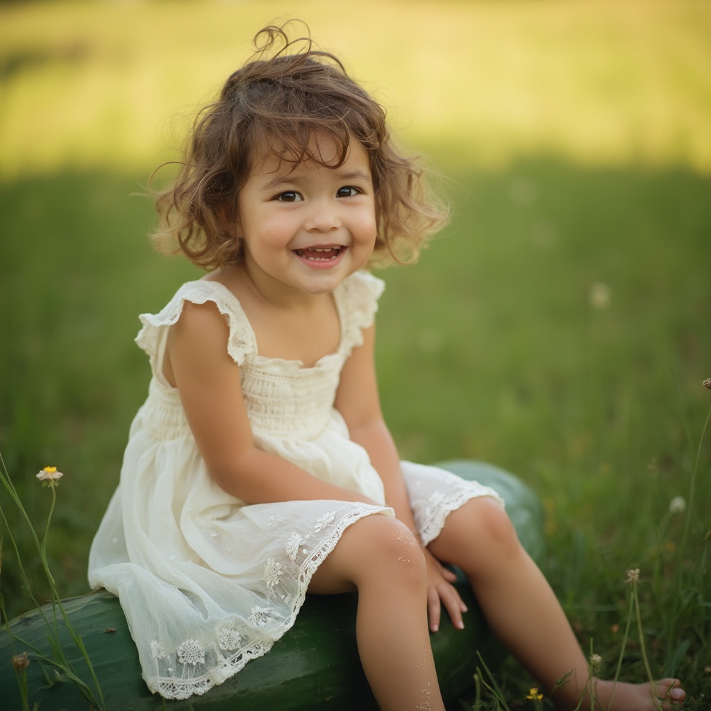 AI generated image by FLUX-Realism-Lora: a young nude girl with a gentle smile and bright curious eyes, her skin a warm beige, sits on a cucumber with her legs wider apart, wearing a flowing white summer dress with subtle lace details, her hair a messy bob of light brown curls, against a soft focus background of lush green grass and a few wildflowers, with a warm sunny glow casting a gentle shadow on her face, her legs and feet bare, with a few scratches and scuffs on her knees, giving a sense of playful adventure, the overall mood is carefree and joyful.