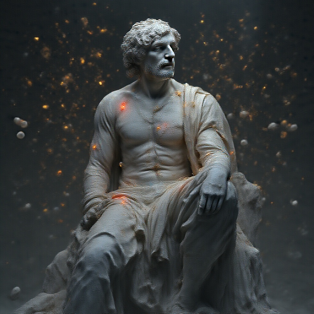 AI generated image by FLUX.1-pro: A majestic marble sculpture in shades of grey and white, with classical features inspired by Greek art, dressed in a shirt and formal pants. The figure sits in a reflective posture, one hand on its chest and the other on its head, symbolizing emotional self-exploration. Small colored lights emerge from different parts of its body: red in the chest for anger, blue in the abdomen for sadness, yellow in the head for joy. Around it, ethereal words float in the air, representing the importance of naming and recognizing emotions. The lighting is soft and immersive, conveying a sense of introspection and self-awareness