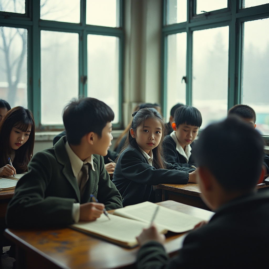 AI generated image by FLUX.1-pro: The Classroom of Old Days, 2000s, Asia, winter. Frosted windows frame wooden desks, ink stains and worn textbooks. Clusters of children in layered uniforms, laughter mingling with whispers of warmth. The scent of hot tea from thermoses fills the chilly air, echoing friendship and nostalgia.