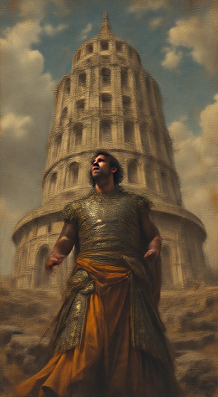 AI generated image by FLUX.1-pro: Crea una imagen: Un hombre poderoso con vestiduras reales antiguas, de mirada desafiante, señalando hacia el cielo mientras detrás de él se construye una gran torre. Escena épica, tonos dorados y oscuros, estilo pintura renacentista bíblica.