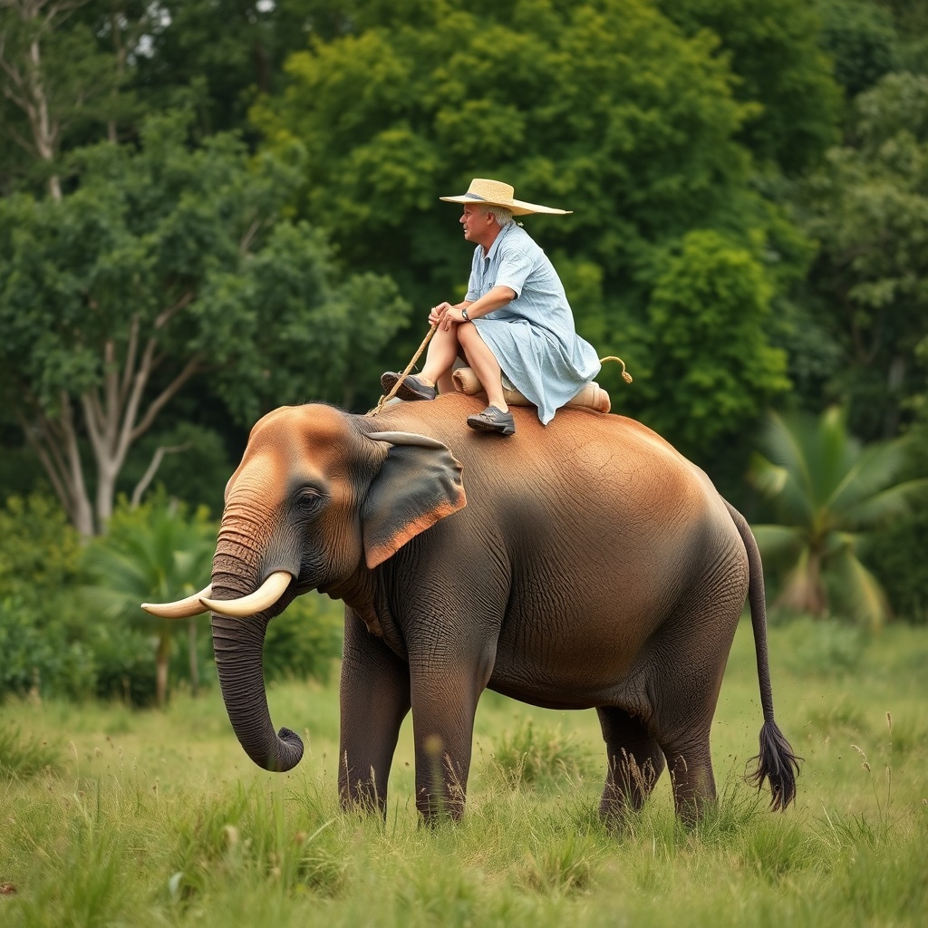 AI generated image by FLUX.1-schnell: A green cow riding on elephant.