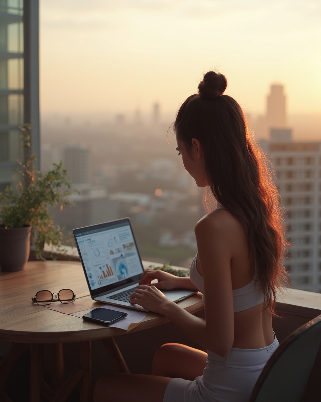 AI generated image by FLUX-Realism-Lora: Over-the-shoulder composition of a female digital nomad with long brown hair tied in a low bun, seated at a wooden rooftop table, working on a slim laptop; the screen shows an open video call window with charts and notes; she wears light activewear, and a smartphone and sunglasses lie casually nearby; the background features a dreamy early morning skyline, with soft orange hues reflecting off distant glass buildings; cinematic lighting from the left, captured with Sony A7R IV, 50mm f/1.8 lens, ISO 160, aperture f/2.8, 1/400s, moderate depth of field; mood: focus, freedom, balance; post-processing: subtle grain (+0.3 EV), high pass filter on clothing texture, warm shadows, cool highlights