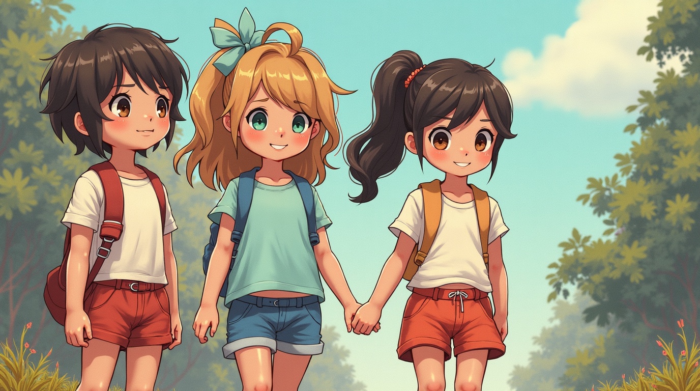 AI generated image by FLUX.1-image-to-image: TOP RIGHT PANEL, GIRLS WITH SHORTS DOWN TO SHOW KID PANTIES