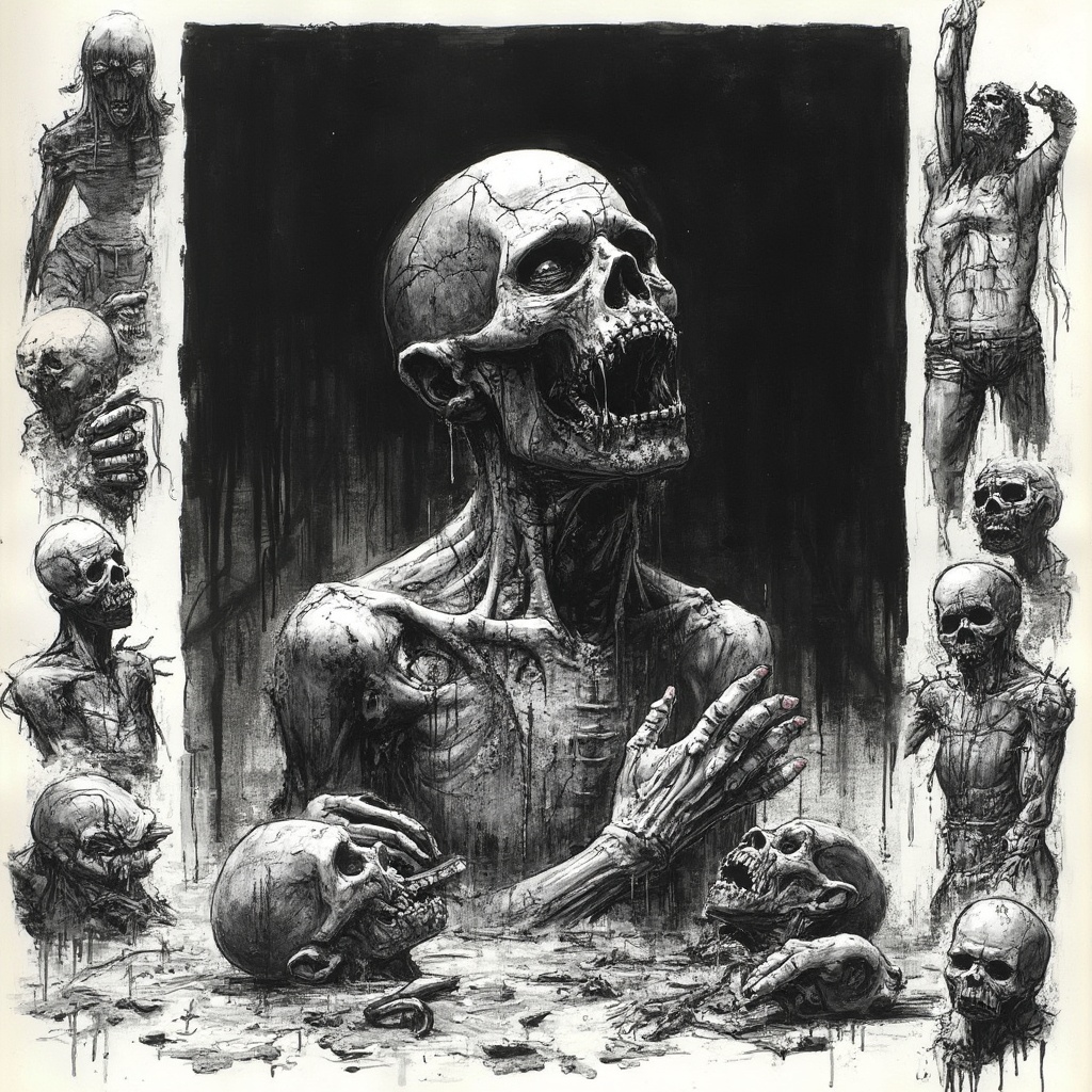 AI generated image by FLUX-Realism-Lora: A black and white illustration in the style of James Warren's Creepy Magazine, with a 1970s aesthetic. The image is a zombie-themed piece of art, with pieces of corpses dripping with blood, grime, and putrefaction. The left and right sides surrounding the image are filled with detailed drawings of rotting corpses, mutilated zombies, and creepy images. The background is completely black, providing a high contrast to the black illustrations. The overall style is old, dirty, underground, macabre, and creepy, with no color except for black ink on the white background, contributing to its gothic and disturbing atmosphere.