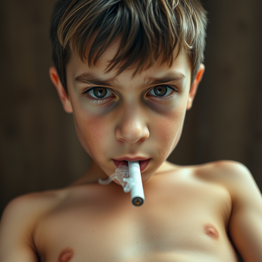 AI generated image by FLUX.1-schnell: Very Low angle shot of a Beautiful Young clever Boy 7-year-old elementary school boy with beautiful eyes Smoking a cigarette with hot white smoke coming out of the cigarette. Visible 6 pack abs and strong pectoral muscles. Boy looking downward directly at the camera with a mischievous clever expression on his face, Filmed from his abdominal muscles and up Visible 6 pack abs and pectoral muscles showing, with 6 pack abs and defined pectoral muscles visible. Short haircut. low angle shot