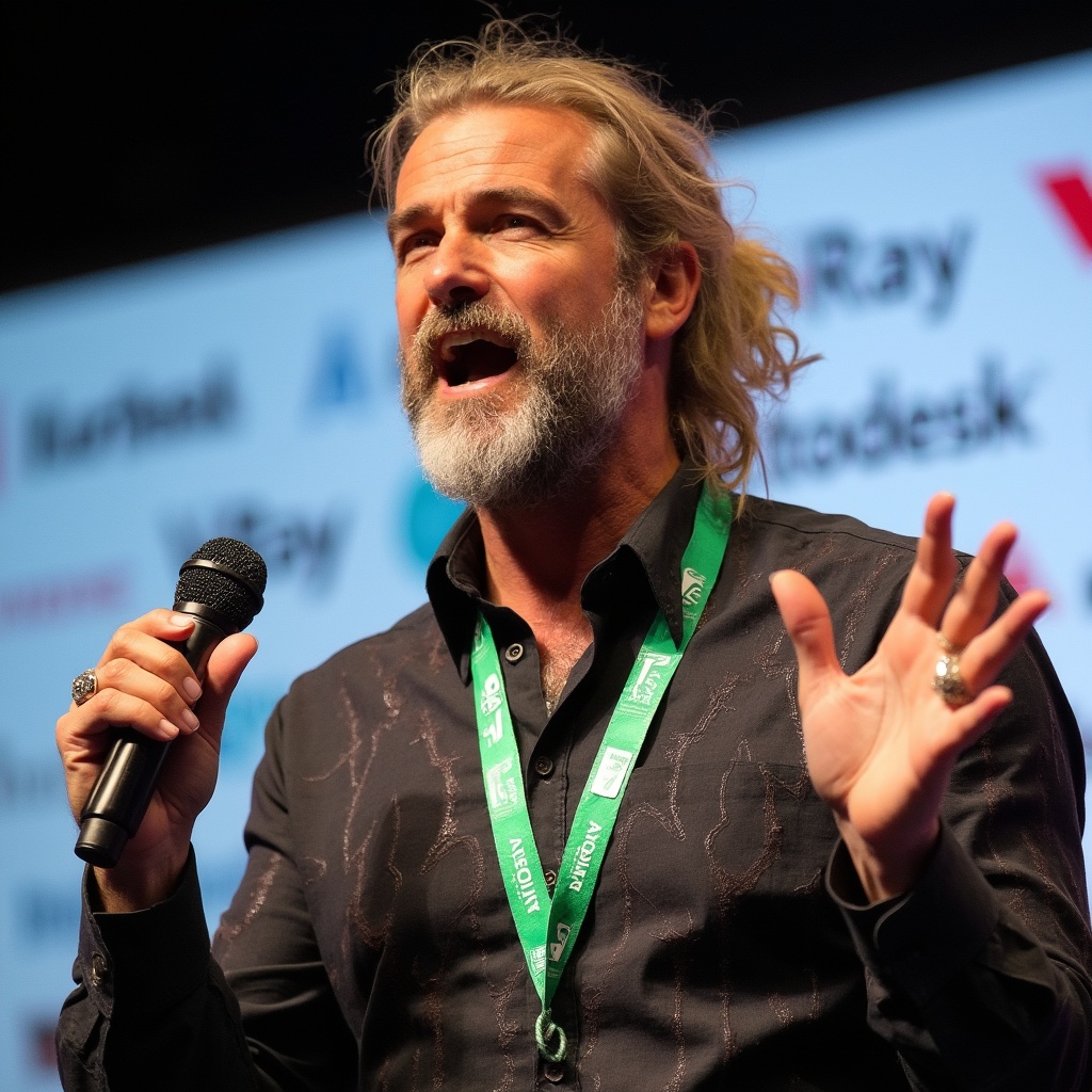 AI generated image by FLUX-Realism-Lora: A charismatic speaker is captured mid-speech. He has long, slightly wavy blonde hair tied back in a ponytail. His expressive face, adorned with a salt-and-pepper beard and mustache, is animated as he gestures with his left hand, displaying a large ring on his pinky finger. He is holding a black microphone in his right hand, speaking passionately. The man is wearing a dark, textured shirt with unique, slightly shimmering patterns, and a green lanyard with multiple badges and logos hanging around his neck. The lanyard features the "Autodesk" and "V-Ray" logos prominently. Behind him, there is a blurred background with a white banner containing logos and text, indicating a professional or conference setting. The overall scene is vibrant and dynamic, capturing the energy of a live presentation.