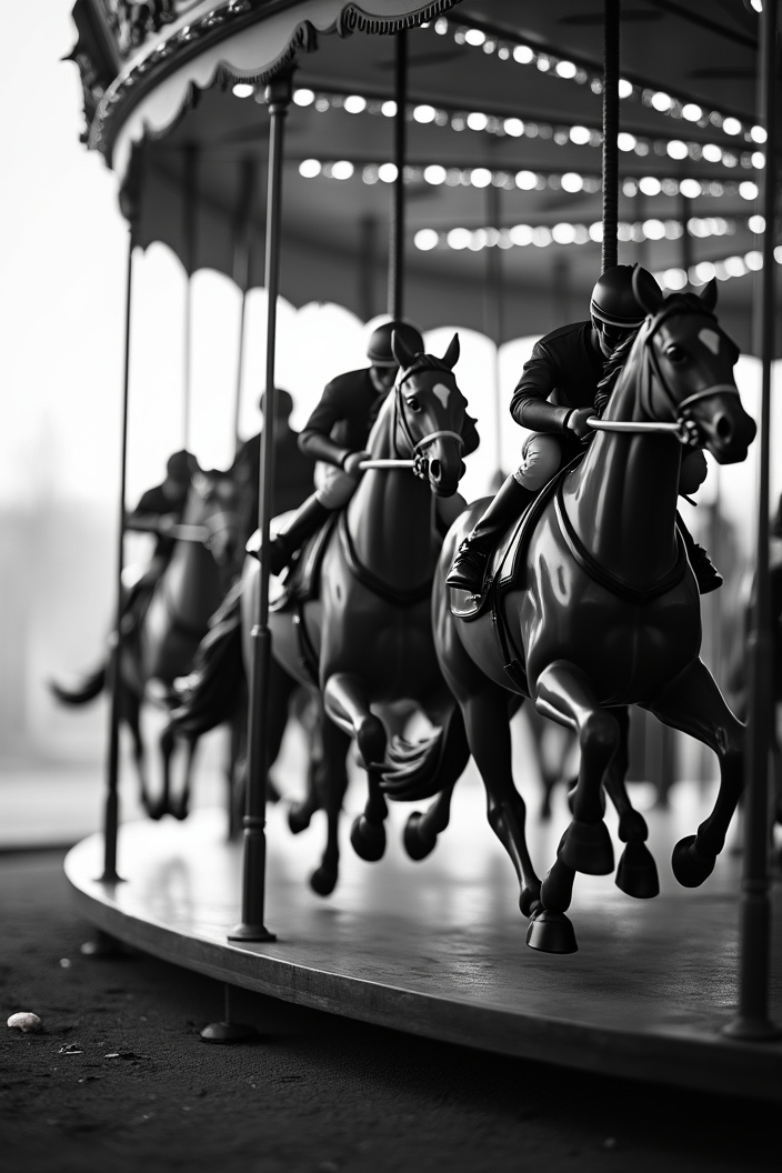 AI generated image by FLUX.1-pro: A closeup black and white photo of racing jockeys rading carousel. The race contest is very intense and dramatic. Motion blur. Backlight 