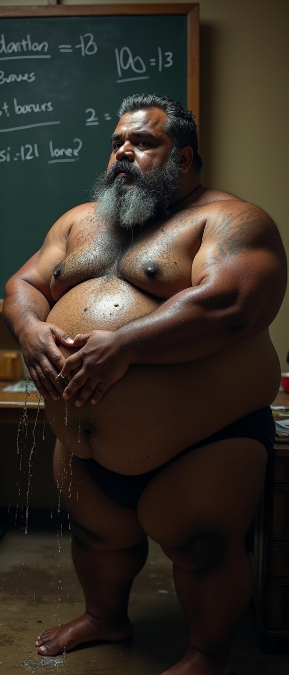 AI generated image by FLUX.1: Danny who is a big pot bellied, obese, dark skinned, hairy, grey haired, lustful, macho, matured hairy dark Tamil alpha male math teacher with thick eyebrows, full plump lips, thick beard and very big beefy and muscular chests is holding Tommy, a stocky student. Danny and Tommy are having a secret affair after class. Both Danny and Tommy are completely naked without clothes on and wet all over. Tommy is caressing Danny's masculine, hairy, big, fat, dark skinned pot round belly with a big belly button. Danny's dark skinned big hairy belly has a big round belly button that is deep. Danny also has fat beefy thighs and big feet. Danny is hugging Tommy very close with both his big strong arms and is spitting a lot of wet strands of saliva with in Tommy's wide open mouth who is sticking his tongue out for Danny. The saliva runs down all over Danny's beard, his big hairy belly, thick thighs and his thick feet. Danny has a thick, erect penis with  low hanging scrotum which is drenched in saliva.