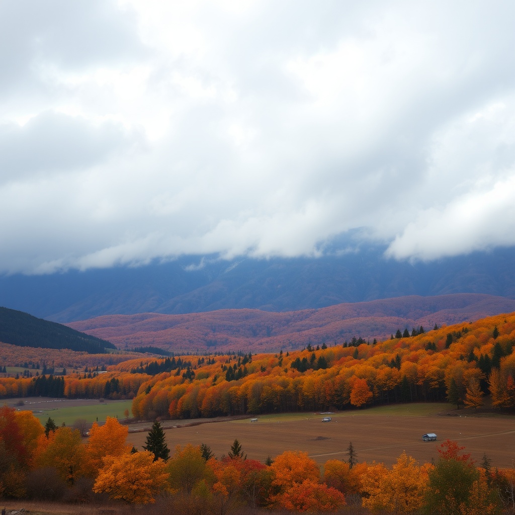 AI generated image by FLUX.1-schnell: A white stormy sky overlooking autumn fields with fantasy mountains in the background 