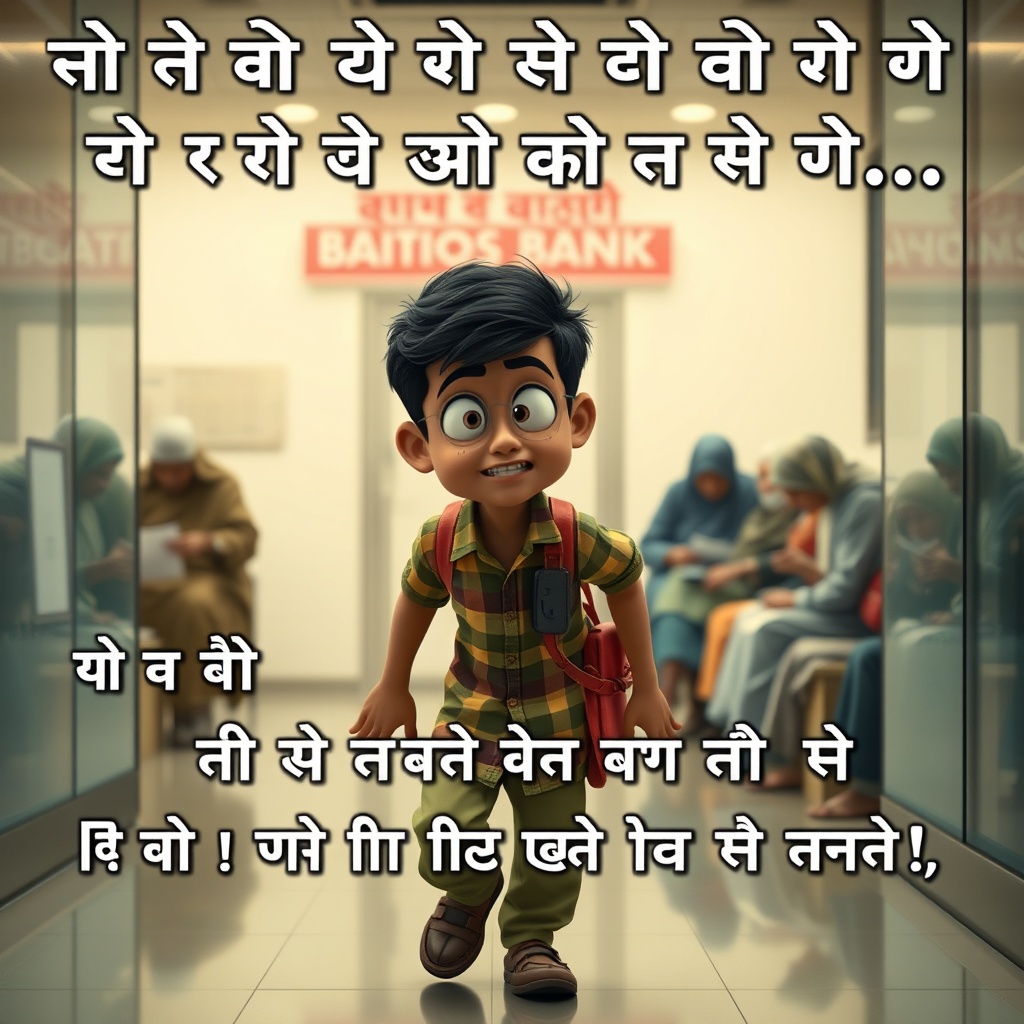 AI generated image by FLUX.1-schnell: Create a vertical video (9:16) in Hindi.

Scene: A small-town (gaon) boy in simple desi clothes enters a bank quietly. The bank is busy with elderly people filling out forms. The boy sneaks around, looking around nervously and humorously, matching the comedy of the text. Use soft cinematic lighting and slight shadows for depth.  

Text Overlay (bold, big, centered, exactly as written, fully visible for the entire video):

"मैं बैंक में बुजुर्गों को देख कर चुपचाप निकल लेता… 😅  
कहीं वो फॉर्म भरवाने न लग जाएँ 📝😂"

Character Motion:
- Boy tip-toes or sneaks humorously, exaggerating his caution.
- Elderly characters in the background continue filling forms, expressions normal.
- Do NOT animate background characters to speak.
- Boy’s expressions must match the humor of the text.

Instructions:
1. Text must remain visible throughout the entire video. No fade-out or removal.
2. Duration: 6-8 seconds, vertical 9:16.
3. Optional: Add light funny background music to enhance the comedic effect.
4. Subtle zoom-in or pan allowed for cinematic feel, but do not disturb text or character expressions.