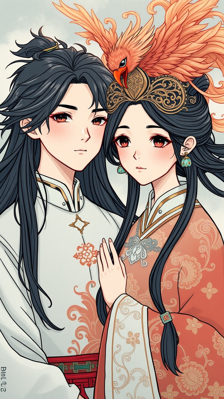 AI generated image by FLUX.1-schnell: 
A young couple in Chinese style, Long hair for boys，Phoenix crown and flowing clouds for girl, good resolution, art style by Raymond Briggs,Captured with a Canon EOS R5 and an 85mm f/1.4 lens, focusing closely on the texture.