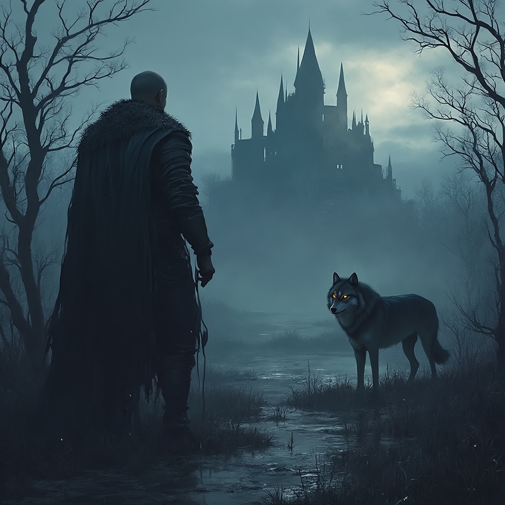 AI generated image by FLUX-Realism-Lora:  Use vivid colors and enhance the image with grain. The style should be reminiscent of an older video game. "A dark, weathered knight clad in battle-worn blackened armor stands solemnly in an eerie marshland at dusk. His cloak, tattered and damp, billows in the cold, whispering wind. Beside him, a massive wolf with piercing amber eyes and a coat streaked with silver and shadow stands alert—fierce yet devoted, exuding loyalty and raw power. In the misty distance, a towering, ancient castle looms, half-shrouded in fog, its jagged spires silhouetted against a brooding overcast sky. The murky marsh reflects twisted trees and glimmers of fading light, casting an otherworldly glow across the hauntingly beautiful landscape."