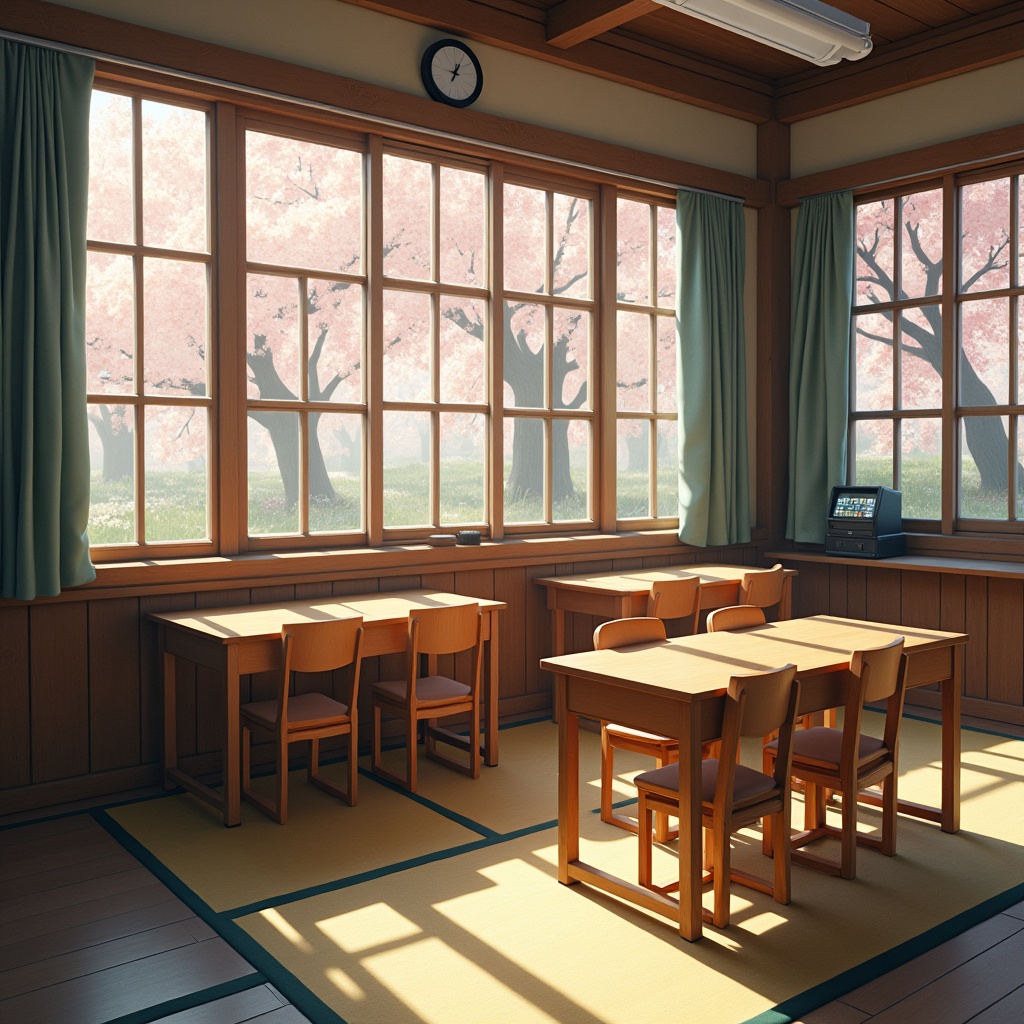 AI generated image by FLUX.1: "The Classroom of Old Days, 2005, Japan, in spring: Soft cherry blossoms drift through open windows, perfuming the air. Wooden desks are scattered, sunlight dances on tatami mats, while laughter echoes, vivid memories of innocence, friendships, and dreams bloom anew."