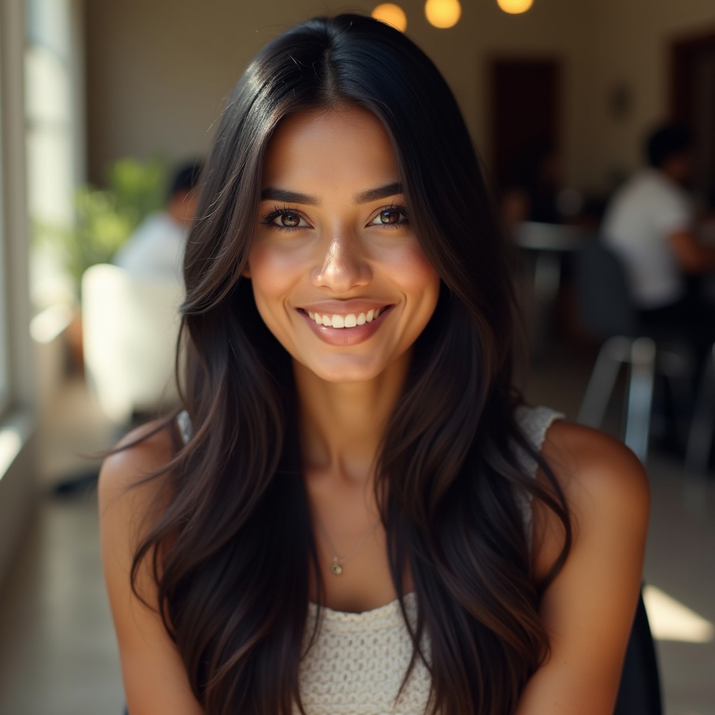 AI generated image by FLUX.1: A radiant Indian actress with her long silky smooth black hair glistening in sunlight sitting in a casual salon, highly detailed 