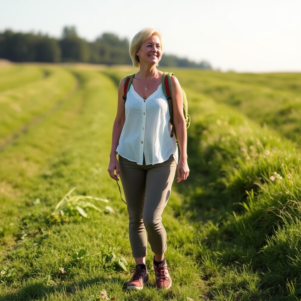 AI generated image by FLUX.1-schnell: Frau mittleren Alters mit blonden kurzen Haaren auf einer grünen Wiese mit einer Wanderhose, Wanderschuhe und einer weißen Bluse. Sie trägt in der linken Hand einen Wanderstock. Sie steht und lacht und schaut in Richtung Sonne. 