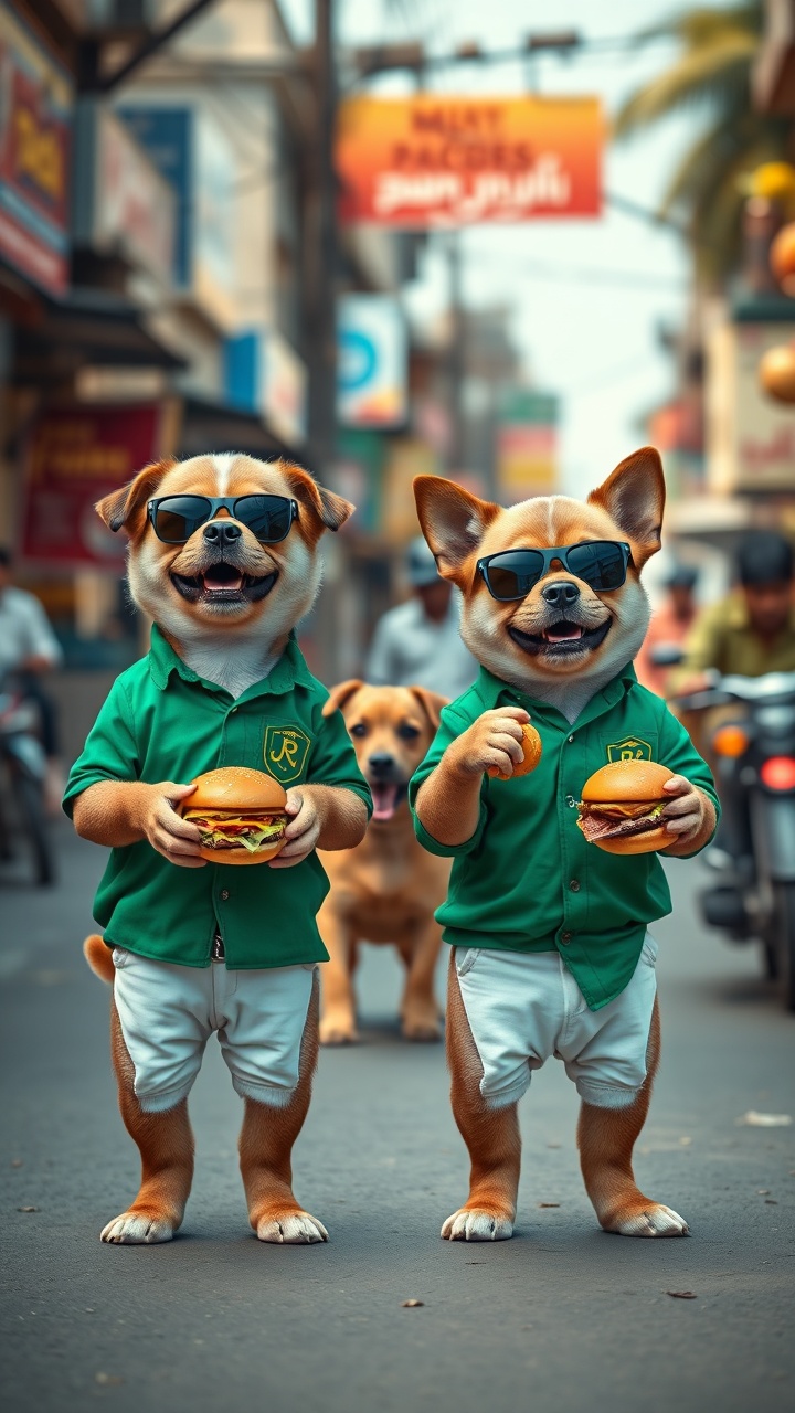 AI generated image by FLUX.1-schnell: "Two rich puppies standing confidently on the side of a busy Indian street. Both are wearing green shirts, white pants, and stylish black sunglasses. Each puppy is holding a burger in one hand while laughing mockingly. They are watching a brown puppy in the distance, running away in panic after stealing food, being chased by an angry shopkeeper with a stick. The rich puppies look clean, well-groomed, arrogant, and proud, showing a sense of superiority. The Indian street background is clear and detailed, with shops, people, and traditional elements — no blur. The scene is ultra-realistic, cinematic, highly emotional, and in 16K resolution."


---
