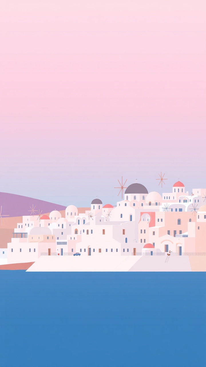AI generated image by FLUX.1-schnell: A pastel-colored vector illustration of Santorini skyline with domed white houses, windmills, and the sea, soft pink-to-light blue gradient sky, flat minimal design, 9:16 aspect ratio.