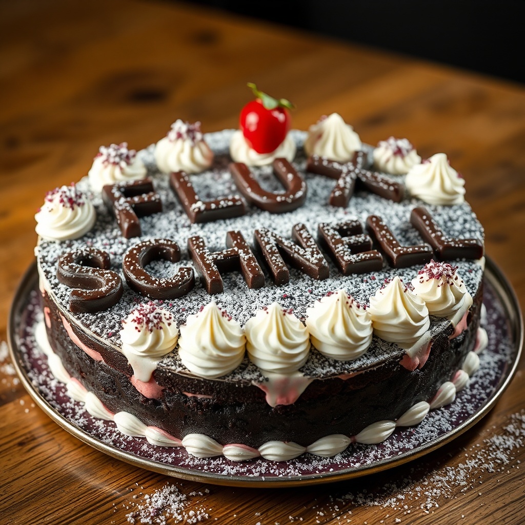 AI generated image by FLUX.1-schnell: black forest gateau cake spelling out the words "FLUX SCHNELL", tasty, food photography, dynamic shot