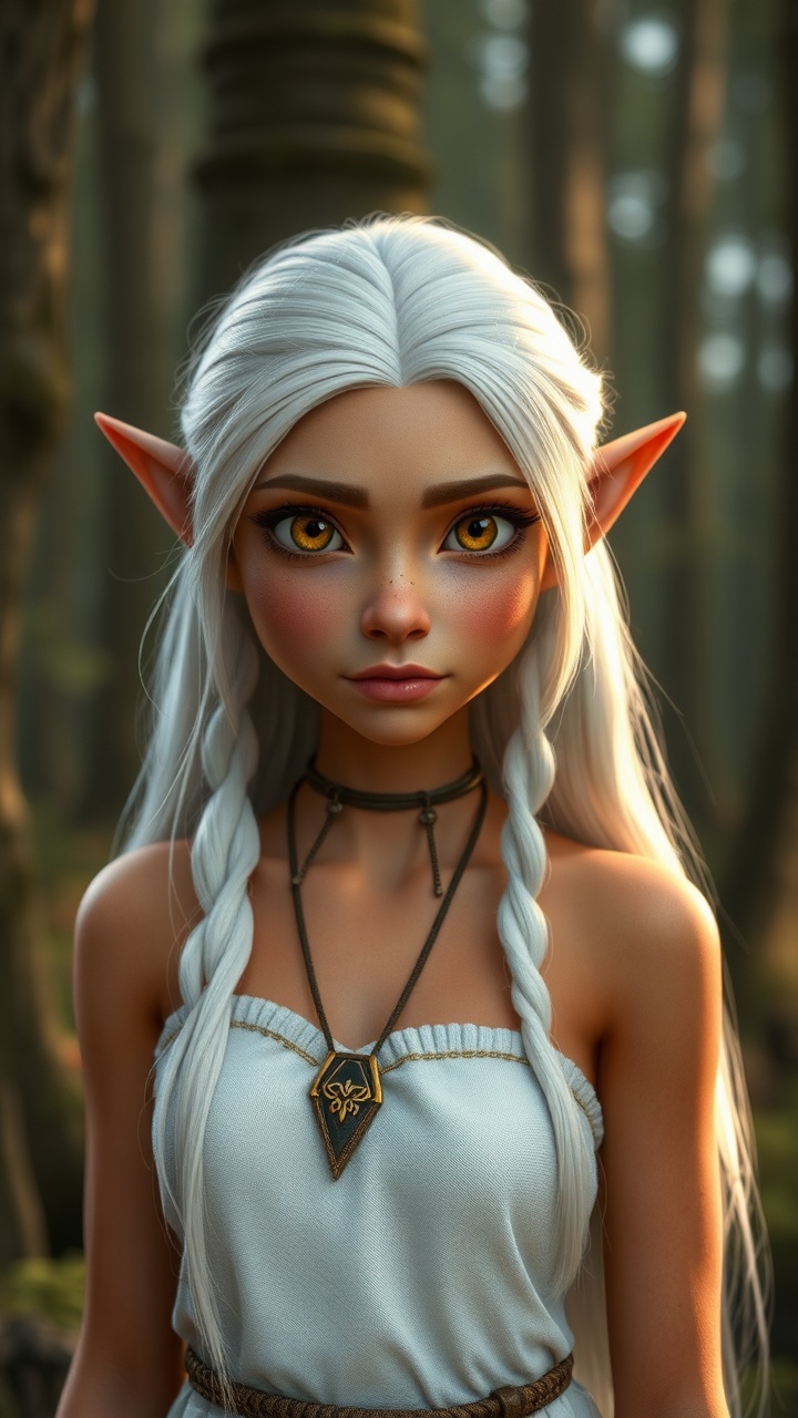 AI generated image by FLUX.1-schnell: Create an Pixar image of a beautiful elf girl, full body shot, 30 years old, painted lips, Focused on the face, tanned skin, golden eyes, pointed ears, long white hair, gigantic nose, dressed in a white chiton, forest, full length, Realism --ar 9:16 -- stylize 750 --v 6, HD, 4K