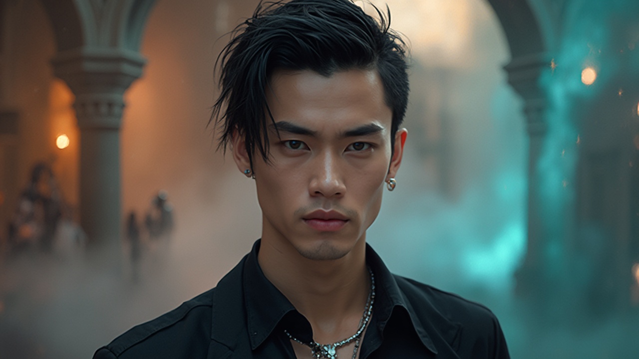 AI generated image by FLUX-Realism-Lora: A stunning, ultra-realistic portrait of a young, enigmatic thai-germany male celebrity, exuding elegance and charisma, with a chiseled angular face, short sleek black hair, and piercing features, set against a dreamlike 3D backdrop, adorned in a sleek black shirt and a glinting silver necklace, captured in a captivating front half pose, as if stepping out of a surrealistic masterpiece, rendered in exquisite ultra-HD detail, with every strand of hair, every curve of the face, and every texture of the clothing meticulously crafted to create an otherworldly, yet intensely lifelike, visual experience.