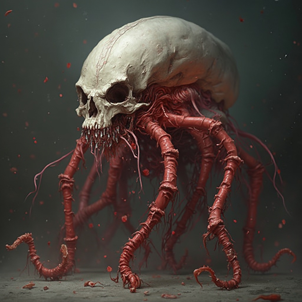 AI generated image by FLUX-Realism-Lora: It is a skeleton being with large teeth that has red bones and its muscles like red tentacles that are all over its body.