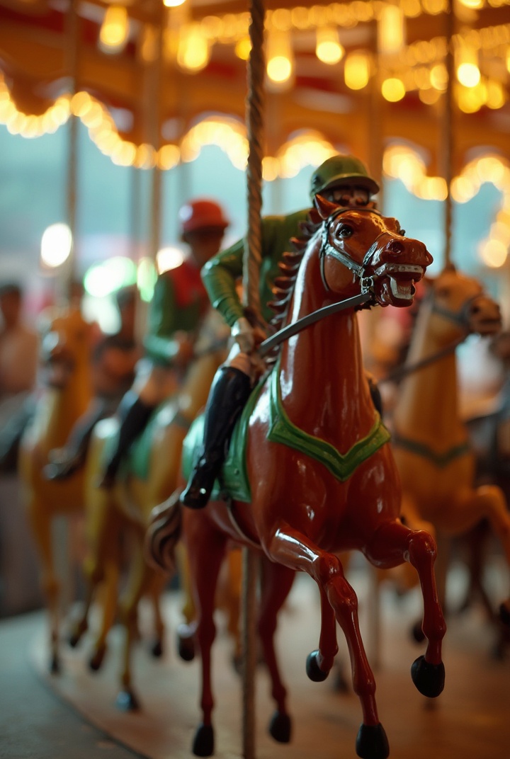 AI generated image by FLUX-Realism-Lora: A closeup photo of real racing jockeys riding carousel plastic horses. The race contest is very intense and dramatic. Depth of field. Motion blur. Backlight 