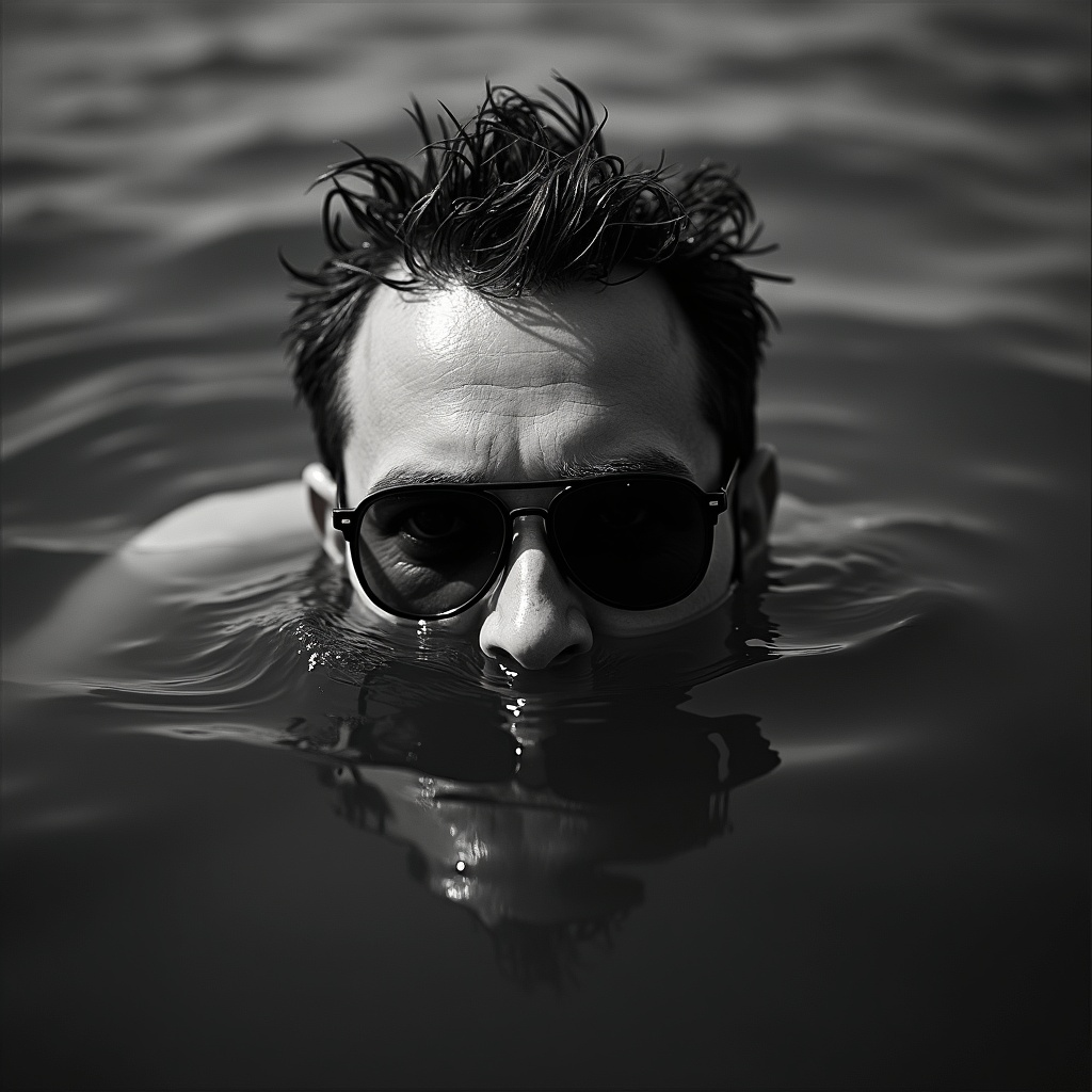 AI generated image by FLUX.1-image-to-image: A black and white photo of a man's head just above dark water, sunglasses partially submerged. The camera is low, parallel to the water