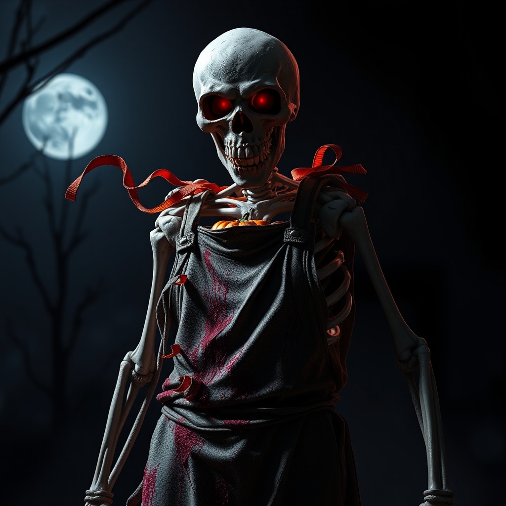 AI generated image by FLUX.1-schnell: Create a terrifying character named "The Halloween Butcher," a villain who emerges from the shadows on the darkest night of October. Imagine a skeletal figure with pale skin that glows under the moonlight, and a macabre grin revealing razor-sharp teeth. His attire consists of a blood-stained, tattered apron, filled with bits of pumpkin and strips of fabric that float like ghosts around his form.

Technical Details:

Utilize an RTX 4090 MSI graphics card to create hyper-realistic textures and lighting effects that highlight the ominous atmosphere of the scene.
Ensure that the effects of light and shadow play a crucial role, creating dramatic contrasts that heighten the fear.
Incorporate elements of Halloween, such as cobwebs, skulls, and elongated shadows, to increase the visual tension.