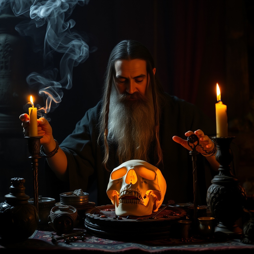 AI generated image by FLUX.1-schnell: A mystic performing a ritual, smoke rising, with a trepanated skull prominently displayed, surrounded by ancient relics, dramatic backlighting for atmosphere