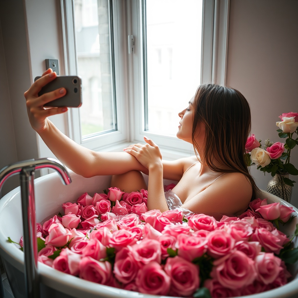 AI generated image by FLUX.1-schnell: skinny Caucasian brunette woman, early twenties, brunette straight hair, angelic face, taking a selfie kissing with her best blonde female friend in the big bathtub filled with roses next to the window in her modern bathroom in Vienna, pressing her arms on the face, wetness, light image