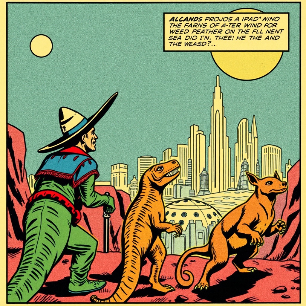 AI generated image by FLUX.1-schnell: A picture of a panel of a 1950s comic book with a Mexican bandito, a dinosaur, a sidewinder and a weasel looking out at a futuristic city