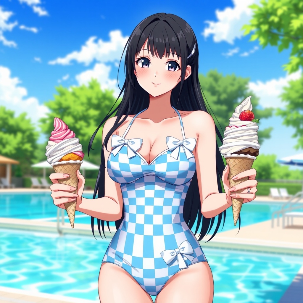 AI generated image by FLUX.1-schnell: A beautiful young woman standing by an outdoor swimming pool on a sunny day, wearing a stylish blue-and-white checkered bikini with white bows on the chest and waist. She has long black hair and a slim, athletic figure. She holds two large ice cream cones with whipped cream and fruit toppings in each hand, smiling sweetly. The background features a clear blue sky, green trees, and poolside structures, creating a bright and summery atmosphere. Render this in a detailed, high-definition anime style, emphasizing the vibrant colors, her playful expression, and the intricate design of her swimwear.