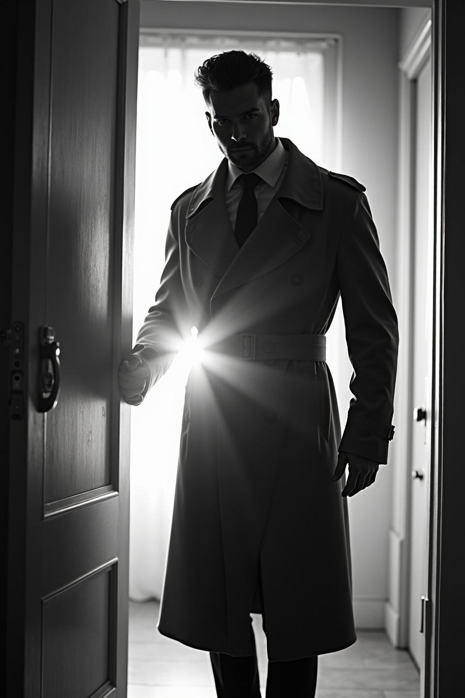 AI generated image by FLUX.1-image-to-image: black-and-white photo with the backlit dark silhouette of a handsome broad-shouldered man in a trench coat standing in a doorway coming and looking to camera. 
The man touching the door, as if he just entered the room. God rays. Backlight 