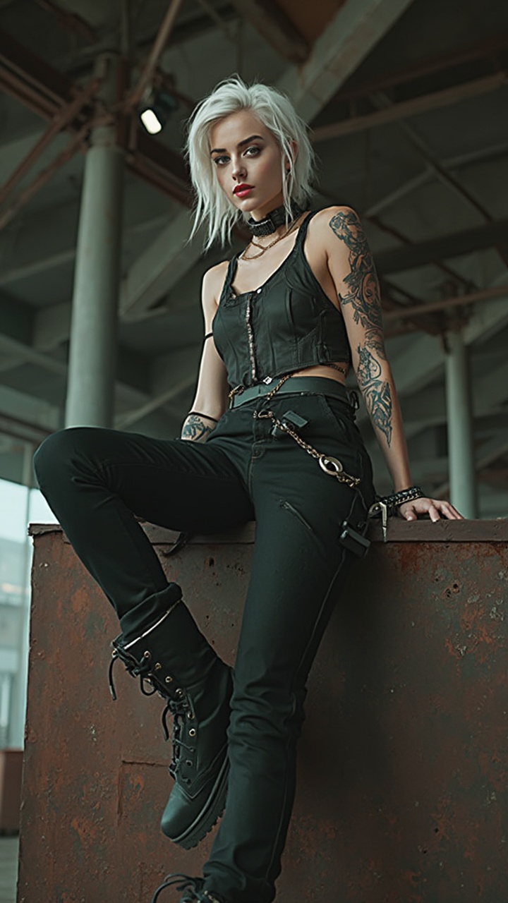 AI generated image by FLUX-Realism-Lora: red_pandauna mujer joven con un estilo gótico posando en un entorno industrial. Su pelo es blanco con negro, y tiene un mechón de pelo negro en el lado izquierdo de la cabeza. Está vestida con una camiseta de tirantes de cuero con remaches, pantalones de mezclilla negros con estampado de leopardo y botas negras de combate. Lleva también un cinturón con remaches que parece un arnés alrededor de la cintura. En el cinturón tiene una hebilla de metal y una llave. Tiene varios tatuajes en sus brazos, incluido uno de una calavera en el hombro derecho. Está apoyada en un gran trozo de metal oxidado que parece un muro. El fondo de la imagen está desenfocado, pero se pueden ver algunos detalles, como un techo de madera y algunas vigas de metal. Parece que la mujer está posada en la parte superior del muro.