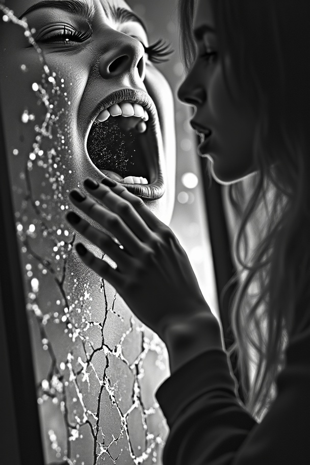 AI generated image by FLUX.1-image-to-image:  a black and white photo of a woman touching a shattered mirror, with cracks radiating from the reflection of her screaming mouth. Dramatic low-key lighting. Backlight. 