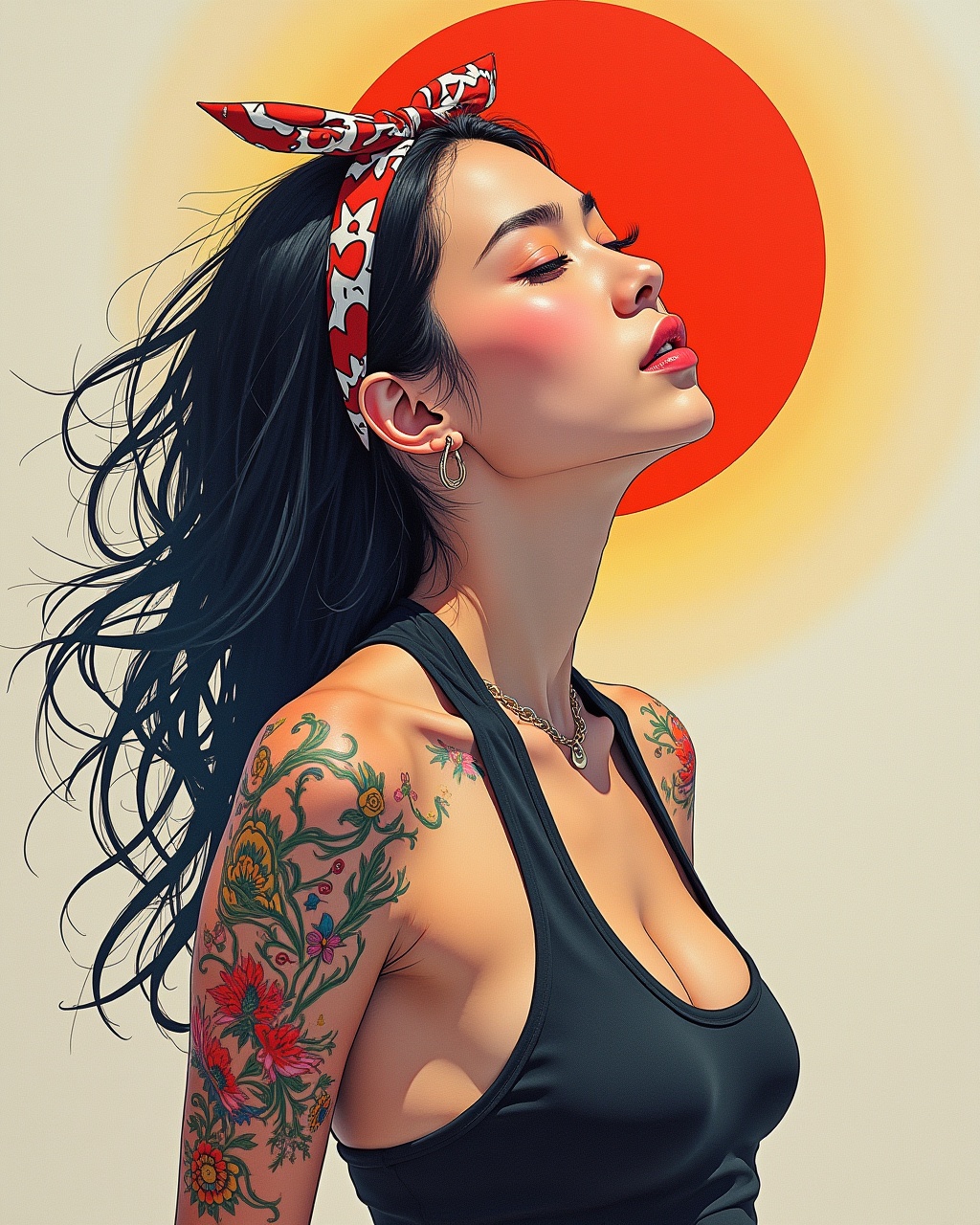 AI generated image by FLUX.1:  abstract japanese female embodying beauty captured in a highly detailed colored drawing style reminiscent of minjae lee, exstacy, delight, hope, light, sunbathing,  tatoo, bandana sophisticated, hyperrealistic portrait, uplifting, dynamic sunlight, feeling of freedom, highly detailed,  