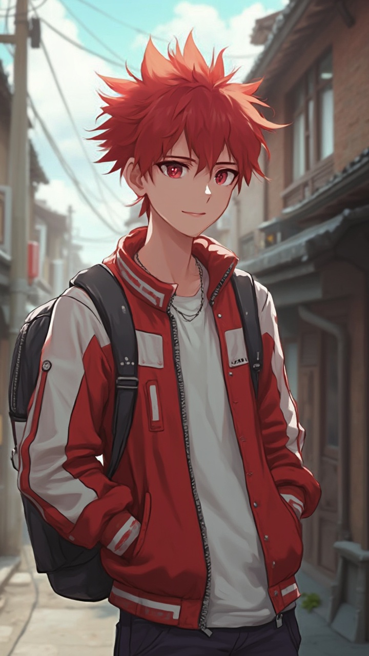 AI generated image by FLUX-Realism-Lora: Create a 3D anime-style character inspired by a young man with short, spiky red hair and intense, kind eyes. He is wearing a modern casual jacket in red and white, with a relaxed fit, and has a backpack slung over his shoulder. The background is a traditional Japanese anime-style town with narrow streets and buildings, giving a nostalgic anime feel. The style should blend realism with anime aesthetics, capturing the character’s calm and confident demeanor.