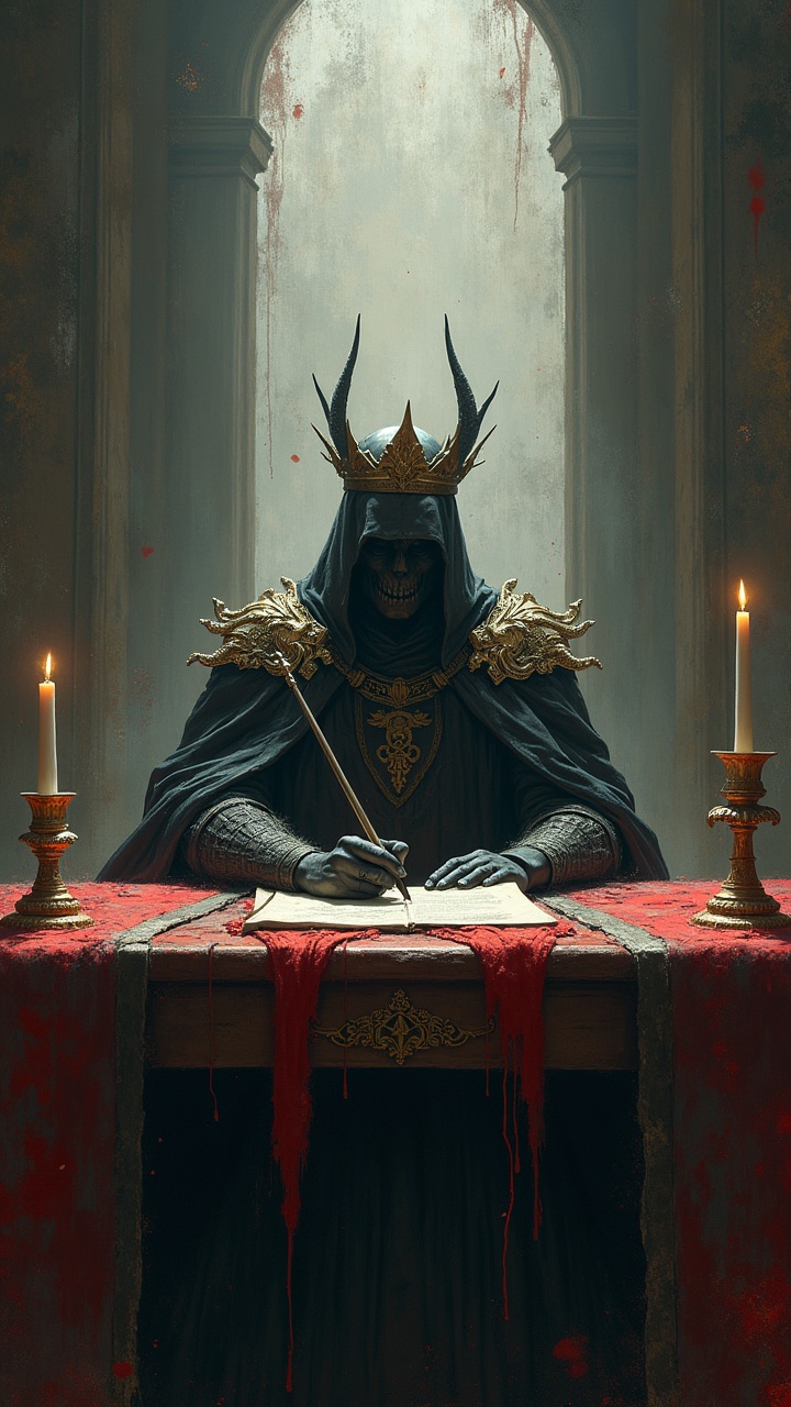 AI generated image by FLUX.1: Doom day at the office of the king,  Japanese Culture Style, Neo Photorealistic Art, highly esthetic enigmatic industrial chaos in royal environment, fine art, fine hair-size brush. gothic empire style, crown table