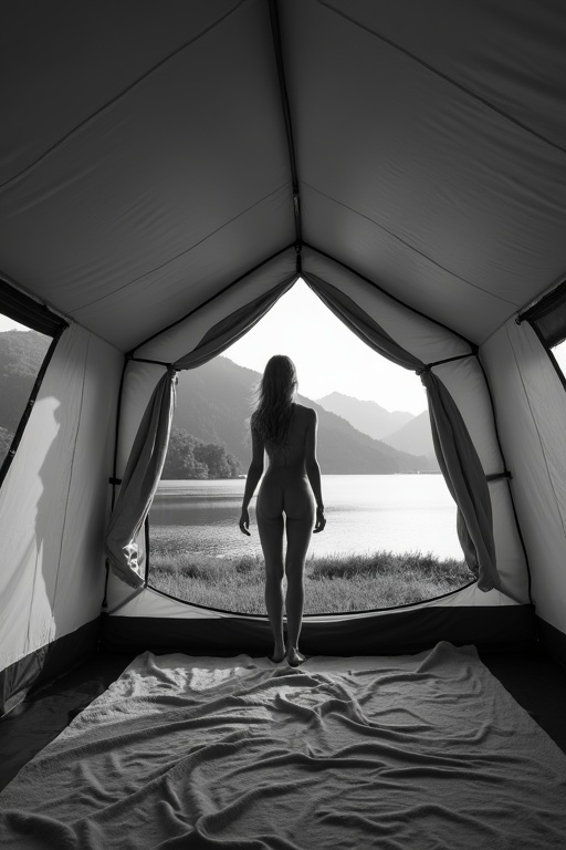 AI generated image by FLUX.1-image-to-image: The black and white photo of a naked woman standing inside a tent, facing a scenic view of a lake and mountains, with her back to the viewer.

