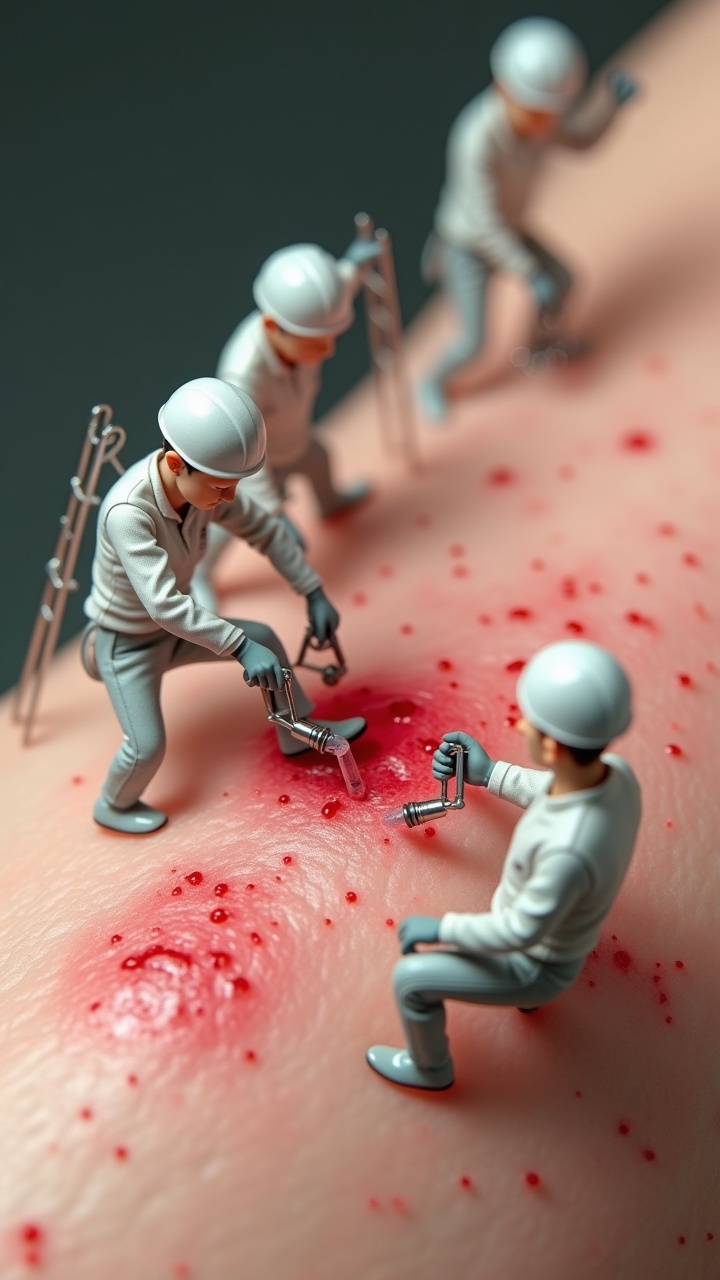 AI generated image by FLUX.1: "A photorealistic macro shot of tiny workers in ‘Kimia Hatami’ white shirts standing on scaffolding, treating inflamed, red acne spots. Some use miniature vacuums to extract impurities, while others apply healing serum with microscopic brushes. The skin appears irritated with redness and blemishes, while workers struggle to control the breakouts. Ultra-detailed textures, extreme macro realism, cinematic lighting."

